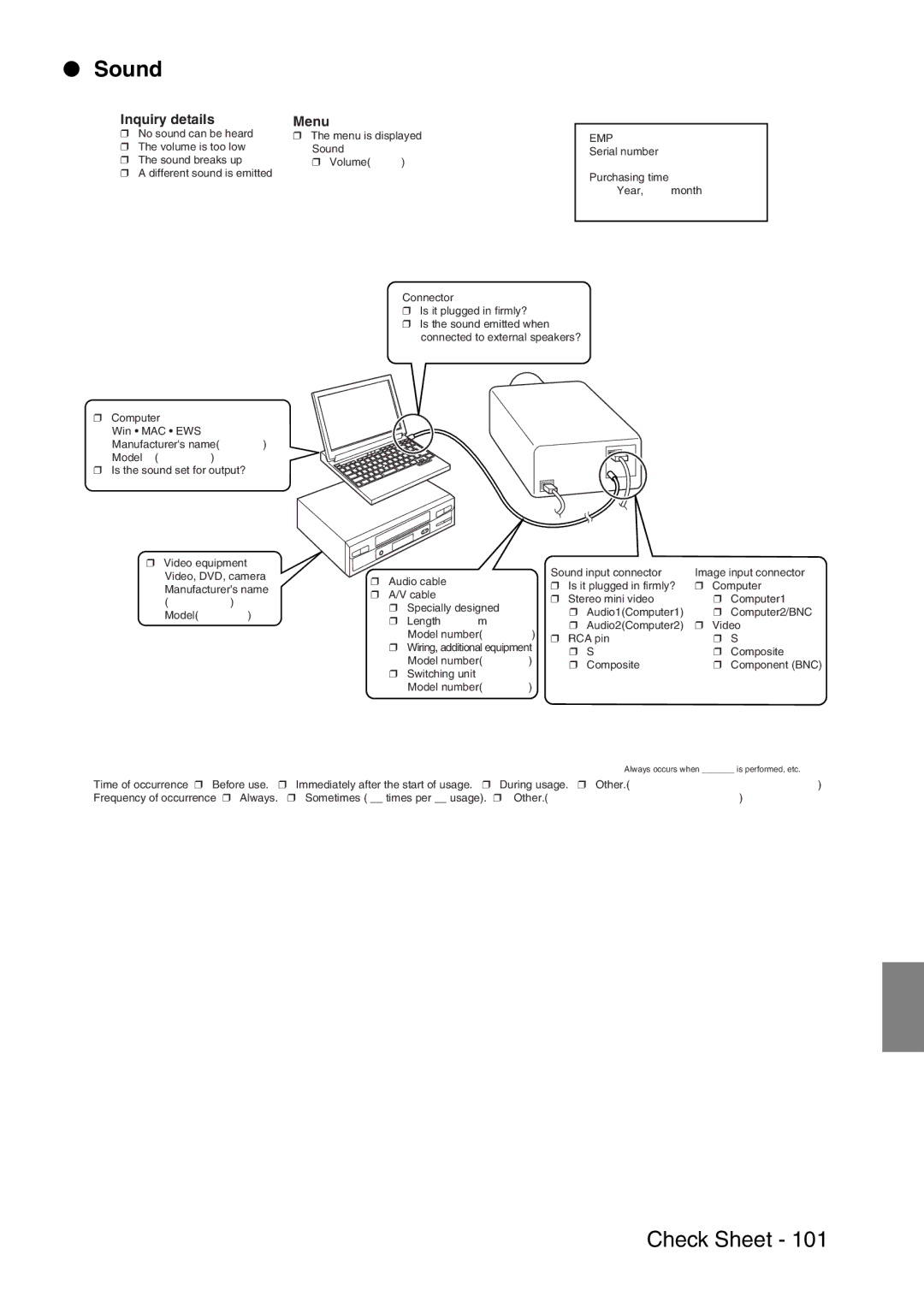 Epson 9100 manual Sound, Audio2Computer2 Video RCA pin Composite 