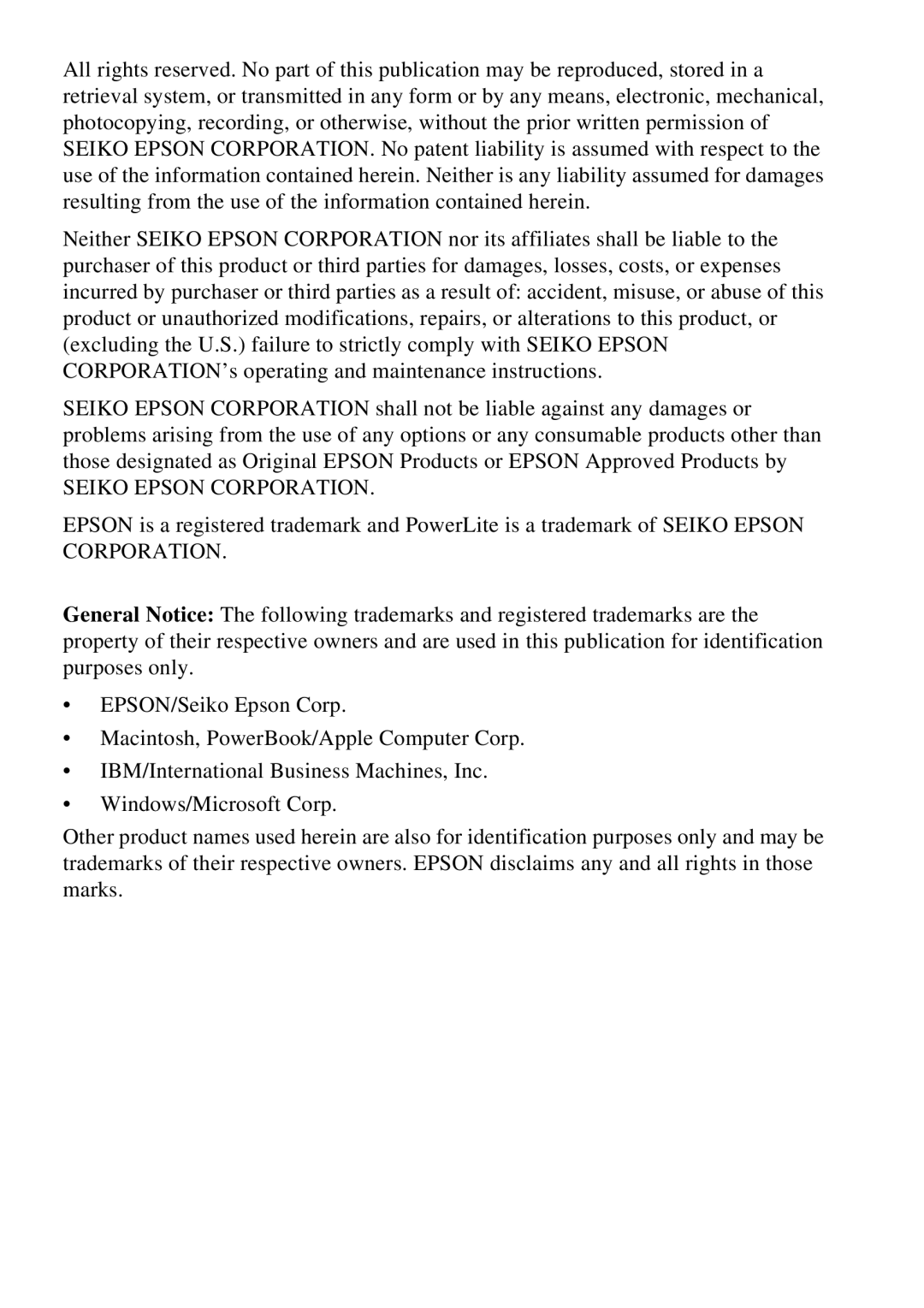 Epson 9100 manual Seiko Epson Corporation 