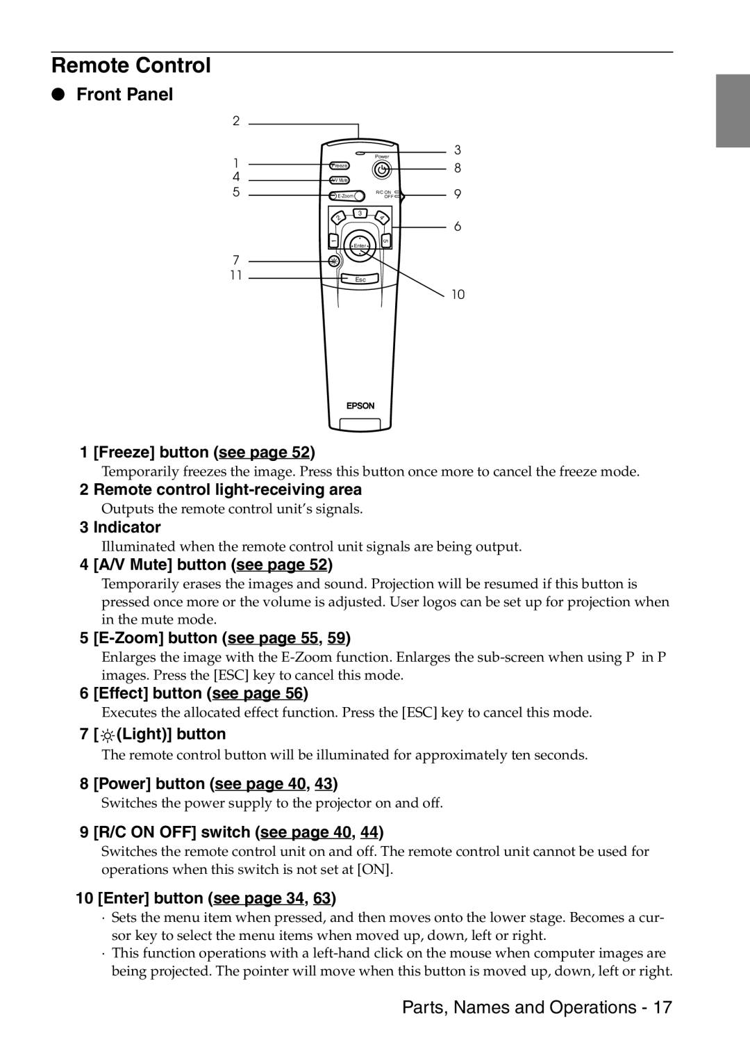 Epson 9100 manual Remote Control, Zoom button see page 55 