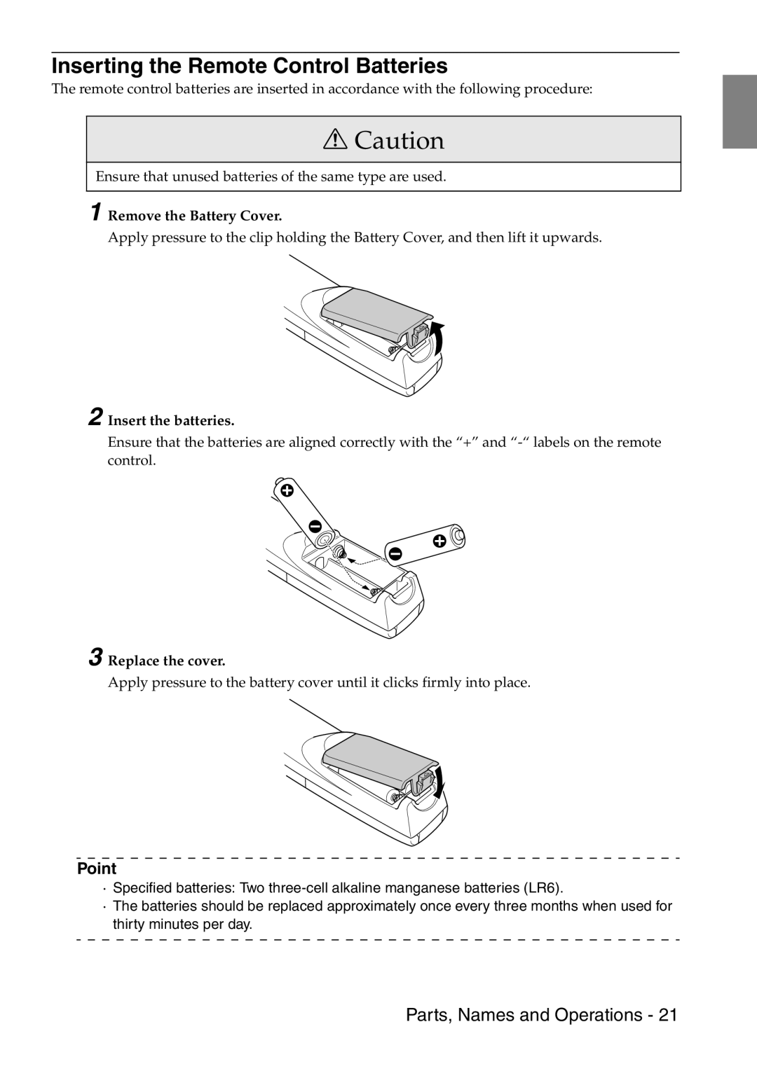 Epson 9100 manual Inserting the Remote Control Batteries, Remove the Battery Cover, Insert the batteries, Replace the cover 