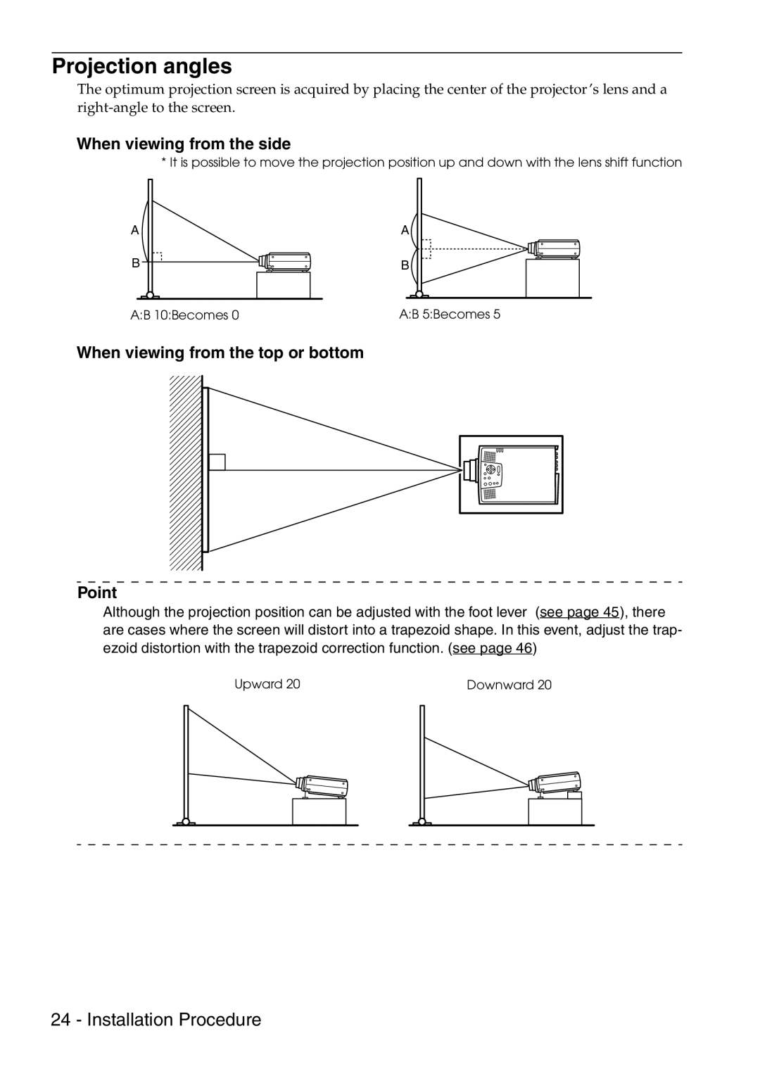 Epson 9100 manual Projection angles, When viewing from the side 