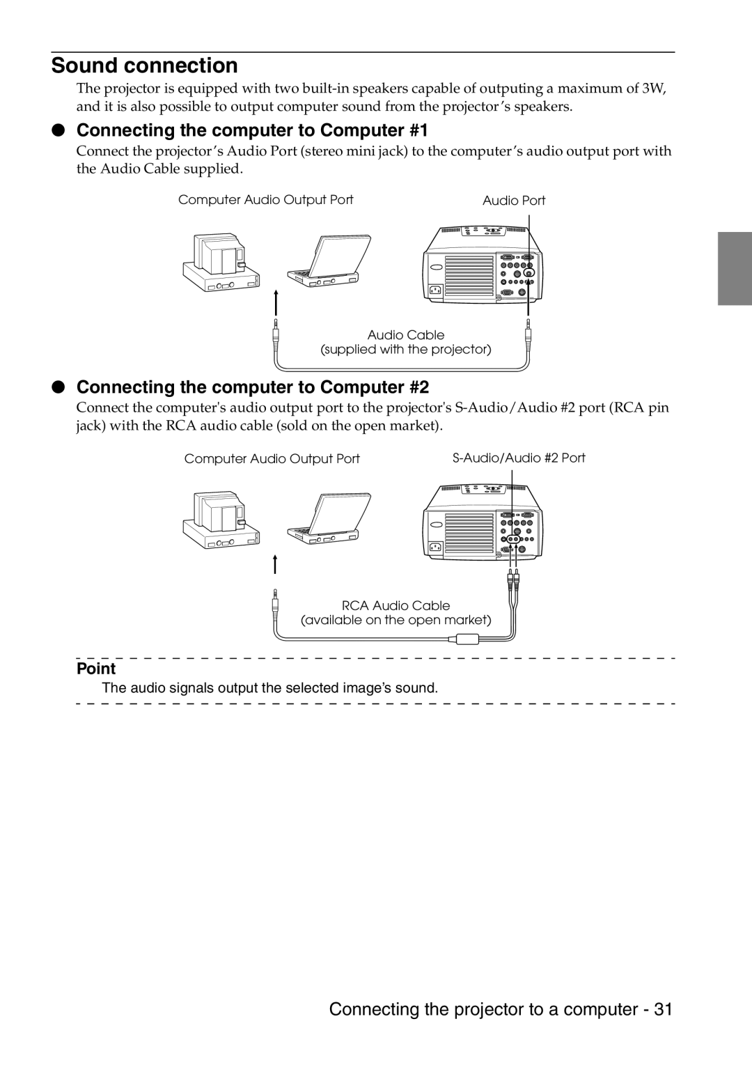 Epson 9100 manual Sound connection, Connecting the computer to Computer #1, Connecting the computer to Computer #2 