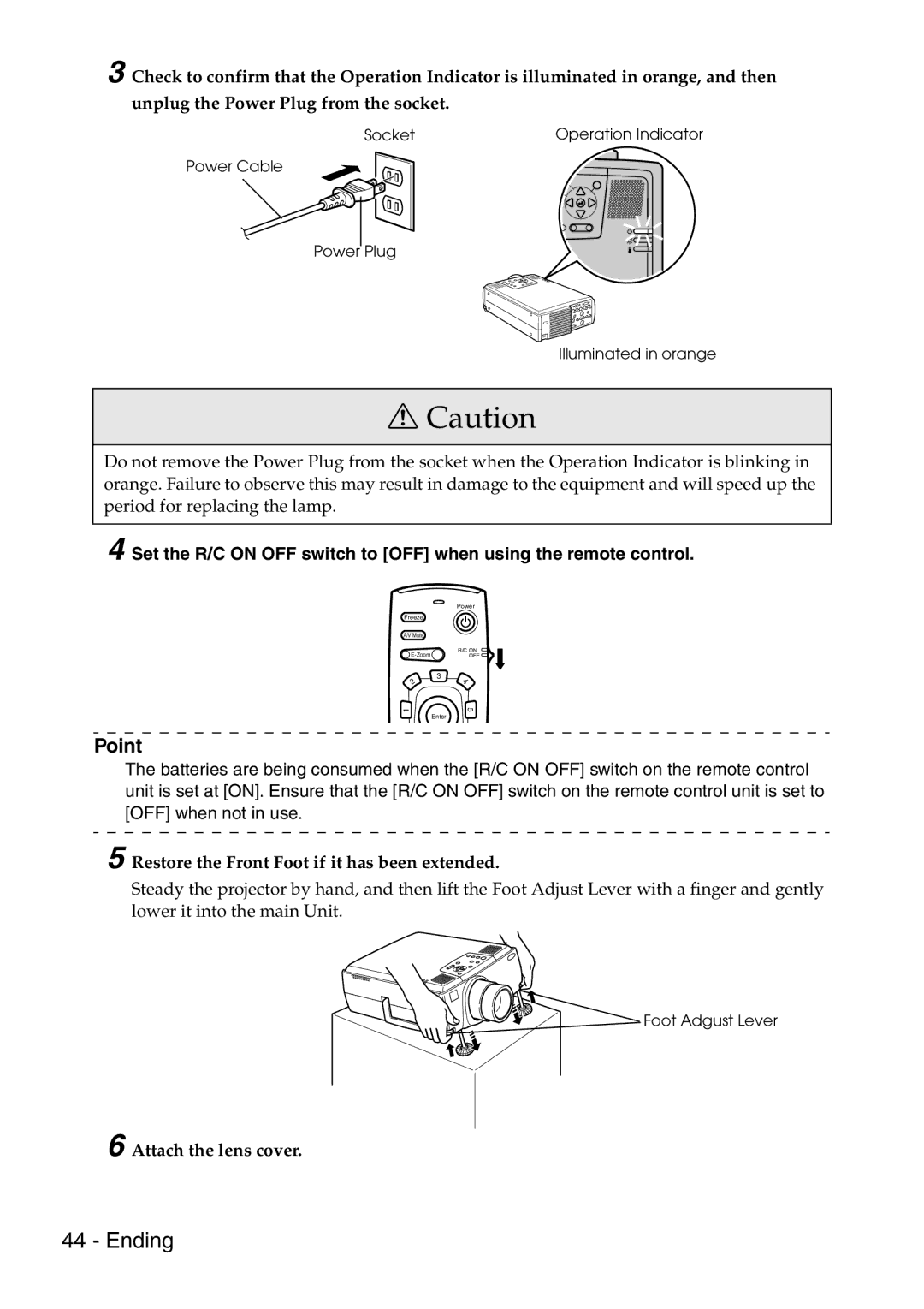 Epson 9100 manual Restore the Front Foot if it has been extended, Attach the lens cover 