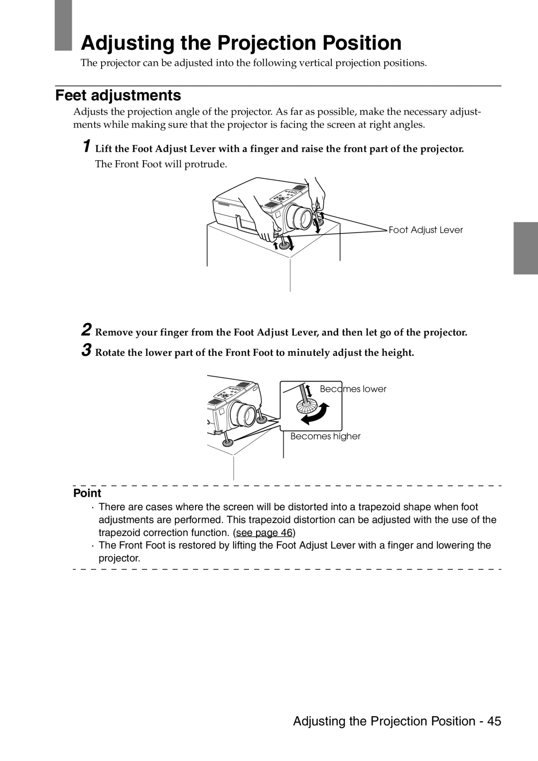 Epson 9100 manual Adjusting the Projection Position, Feet adjustments 