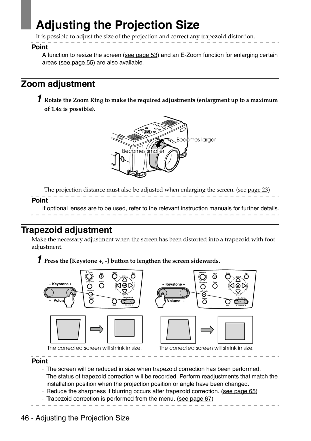 Epson 9100 manual Adjusting the Projection Size, Zoom adjustment, Trapezoid adjustment 