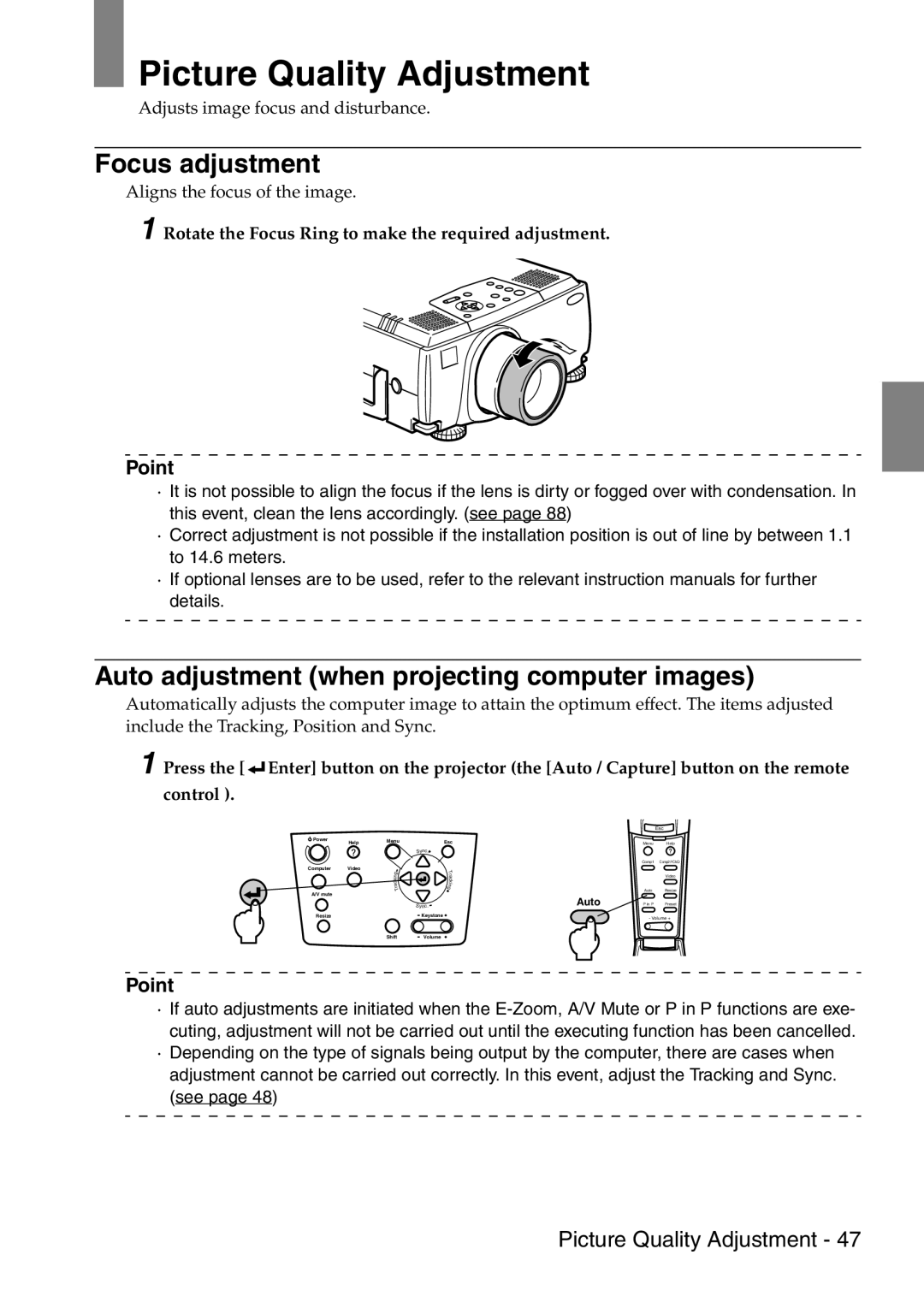 Epson 9100 manual Picture Quality Adjustment, Focus adjustment, Auto adjustment when projecting computer images 