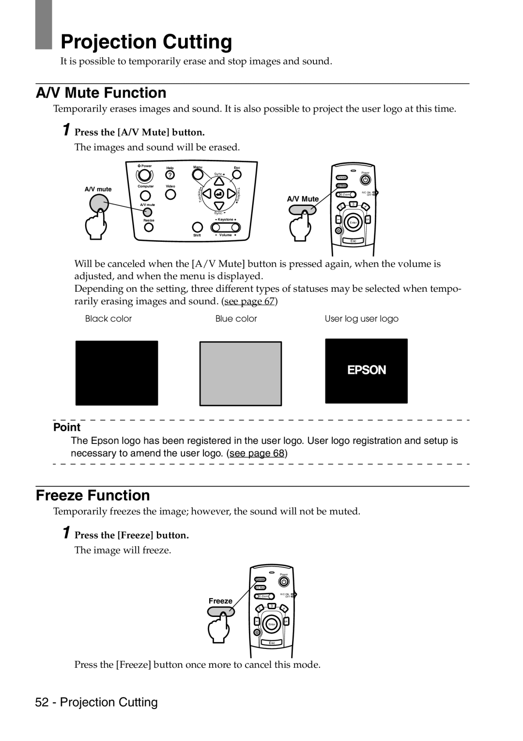 Epson 9100 manual Projection Cutting, Mute Function, Freeze Function 