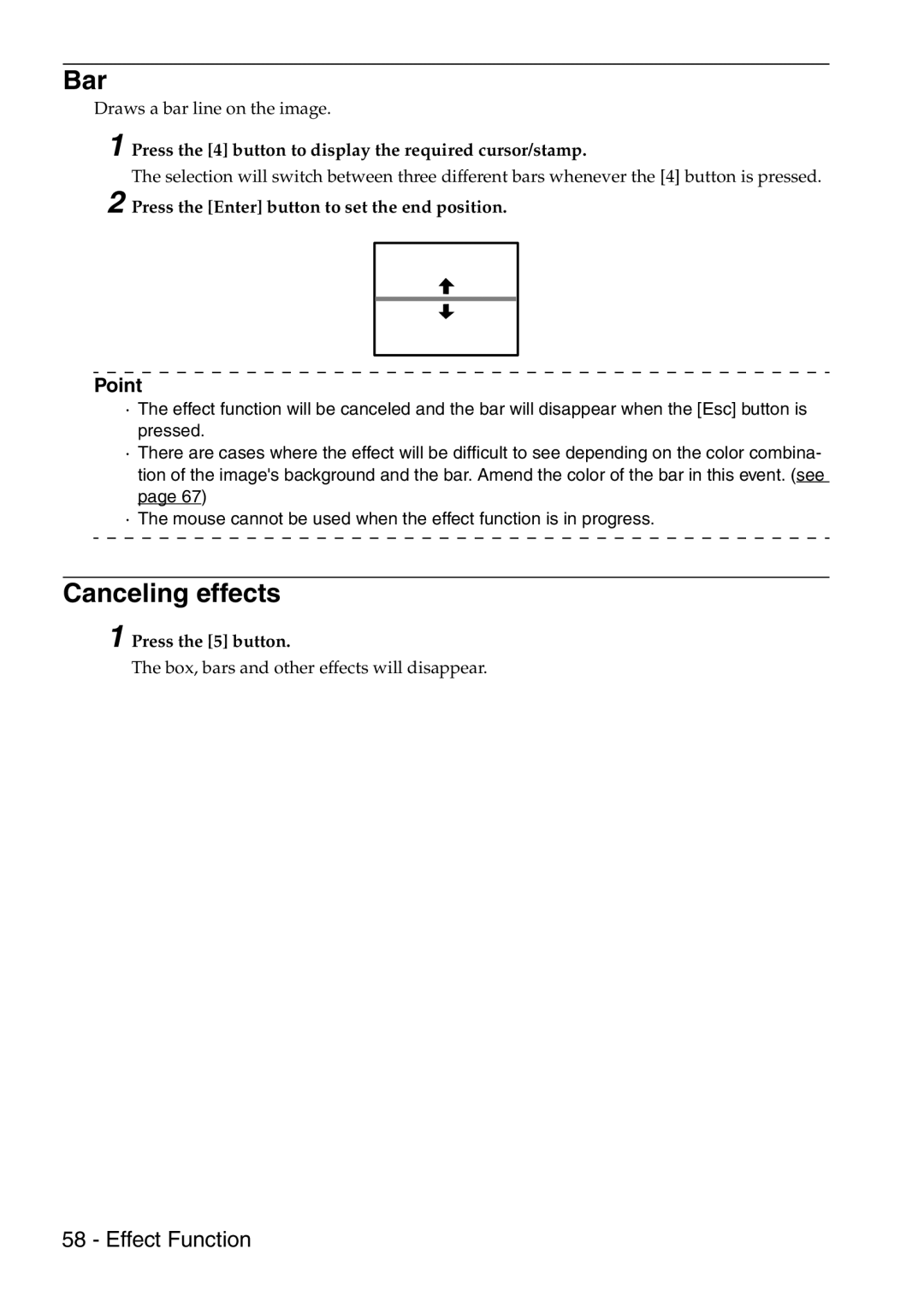 Epson 9100 manual Bar, Canceling effects, Press the 4 button to display the required cursor/stamp, Press the 5 button 