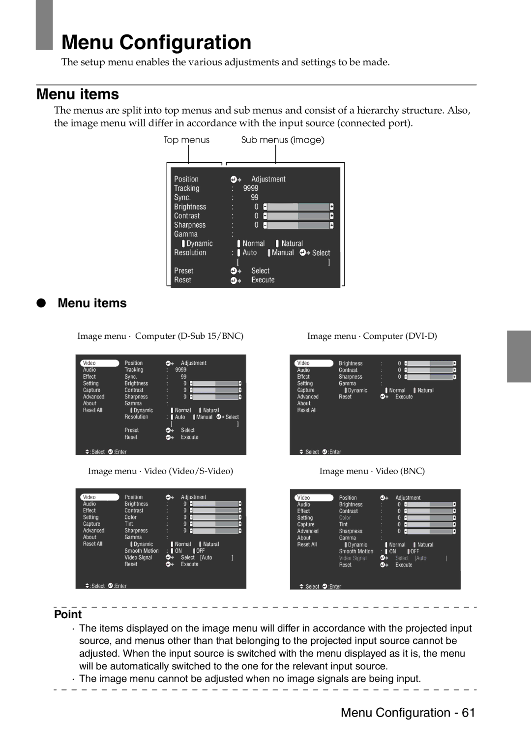 Epson 9100 manual Menu Configuration, Menu items 