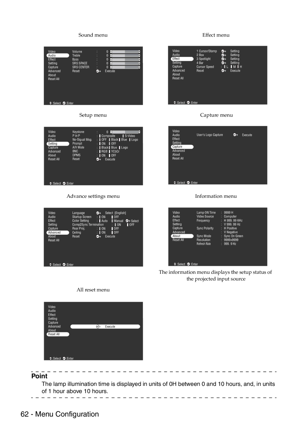 Epson 9100 manual Sound menu Effect menu 