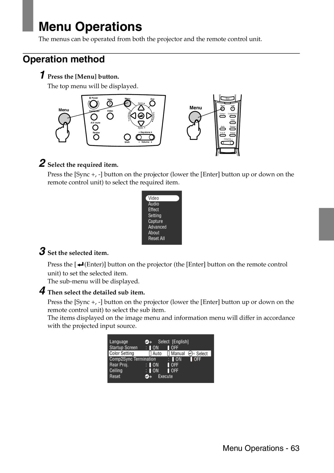 Epson 9100 manual Menu Operations, Operation method 