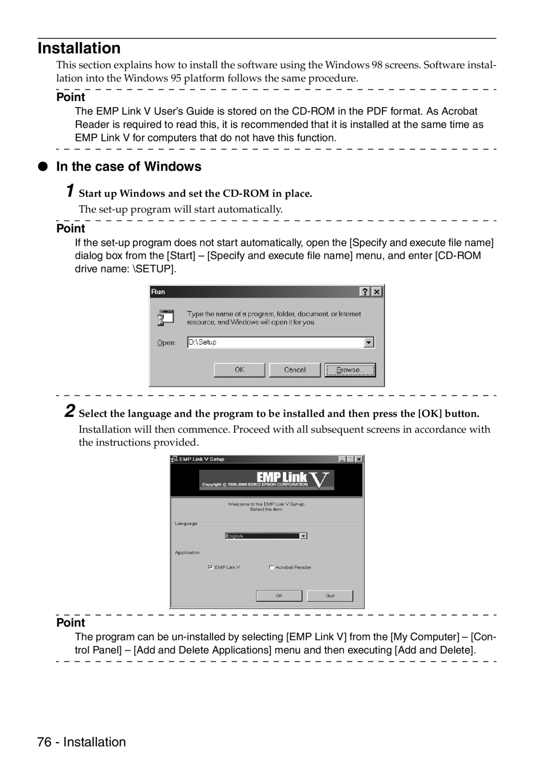 Epson 9100 manual Case of Windows, Start up Windows and set the CD-ROM in place 