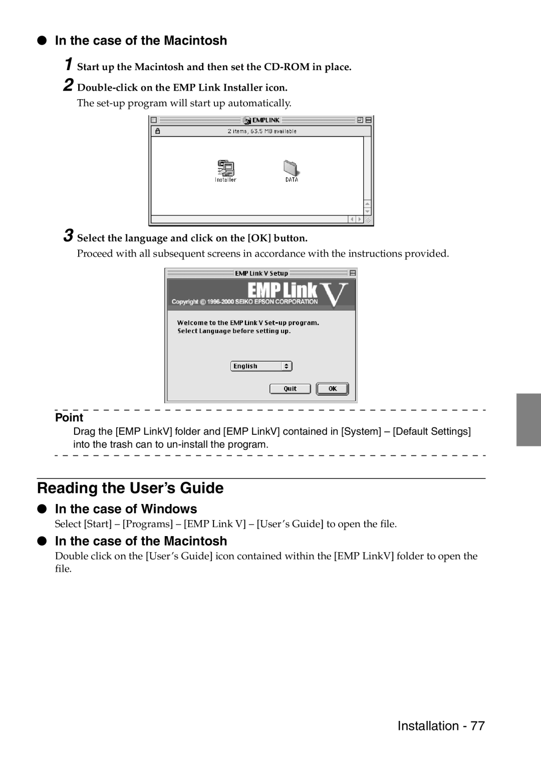 Epson 9100 manual Reading the User’s Guide, Case of the Macintosh, Select the language and click on the OK button 