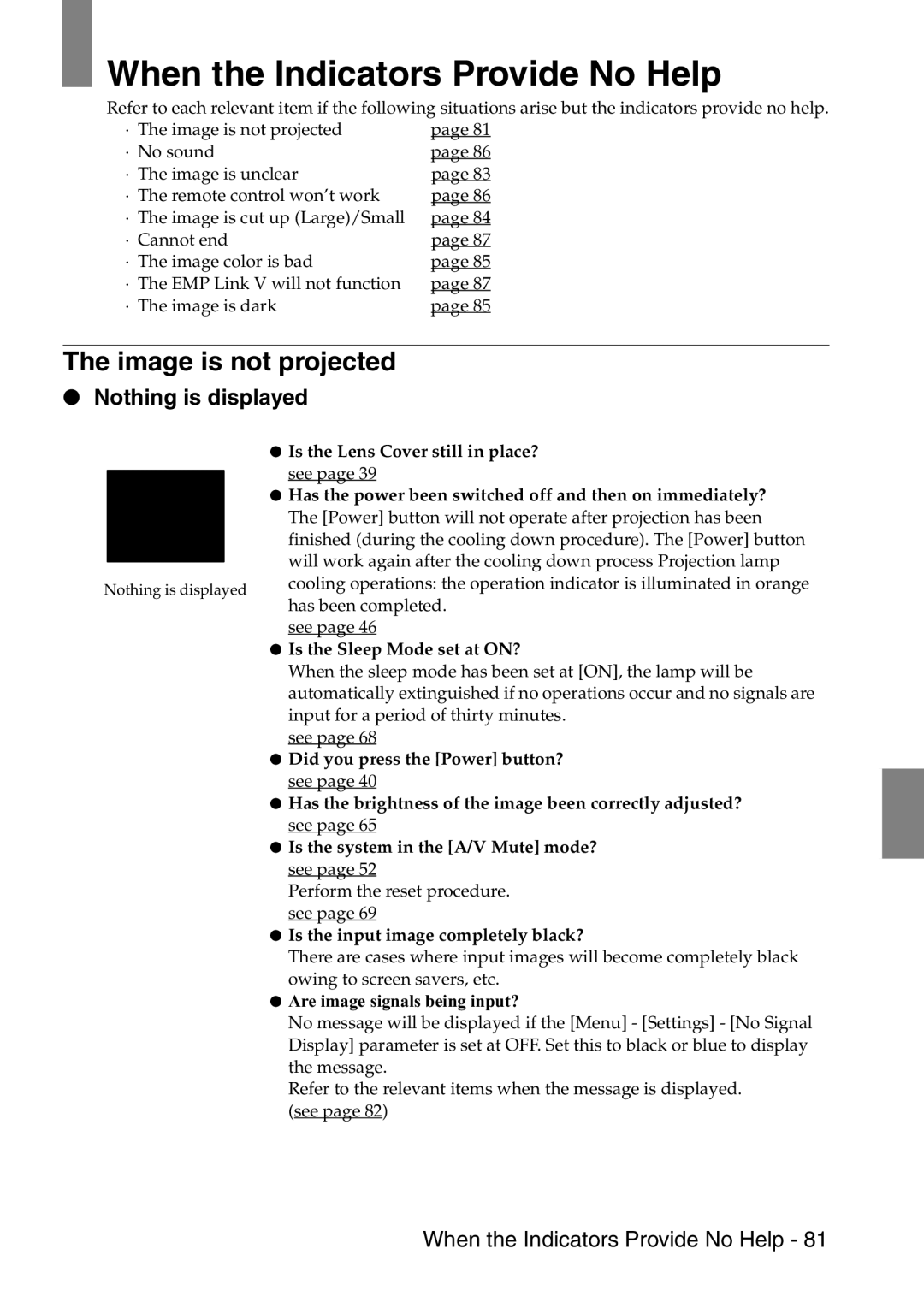 Epson 9100 manual When the Indicators Provide No Help, Image is not projected, Nothing is displayed 