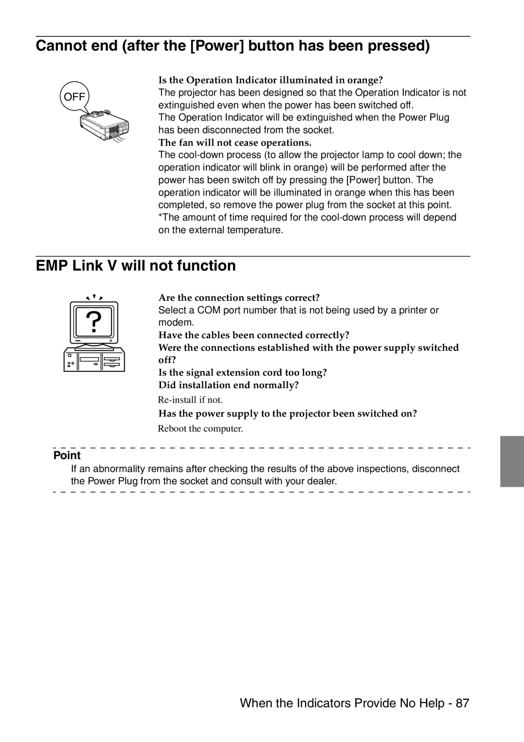 Epson 9100 manual Cannot end after the Power button has been pressed, EMP Link V will not function 