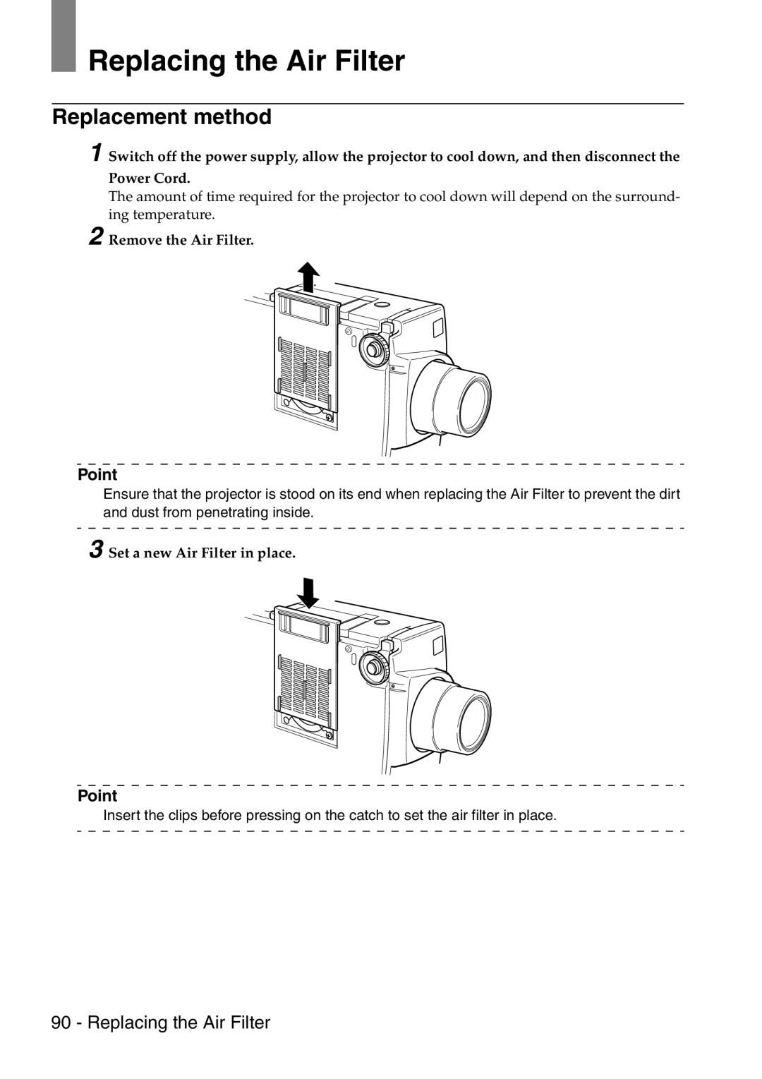 Epson 9100 manual Replacing the Air Filter, Replacement method, Remove the Air Filter, Set a new Air Filter in place 