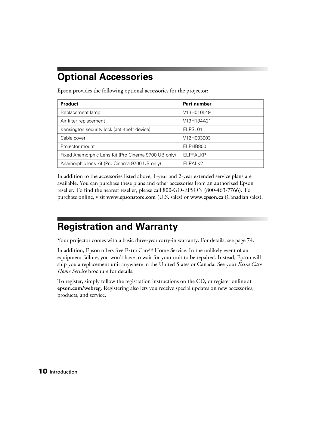 Epson 9350, 9700 manual Optional Accessories, Registration and Warranty 