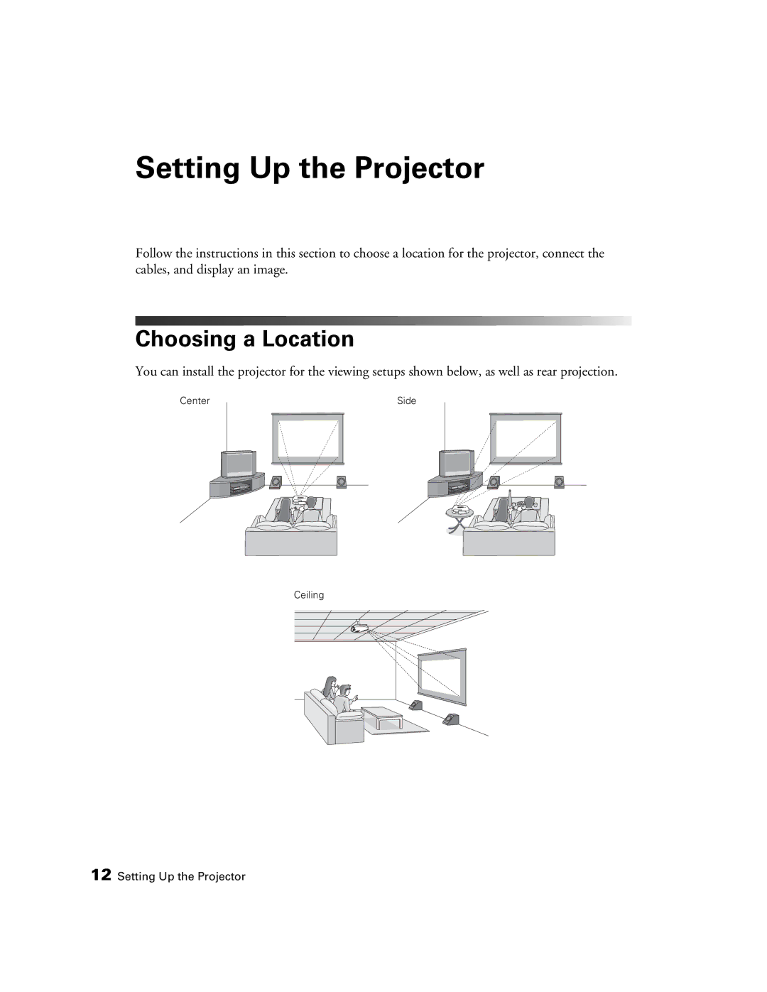 Epson 9350, 9700 manual Setting Up the Projector, Choosing a Location 