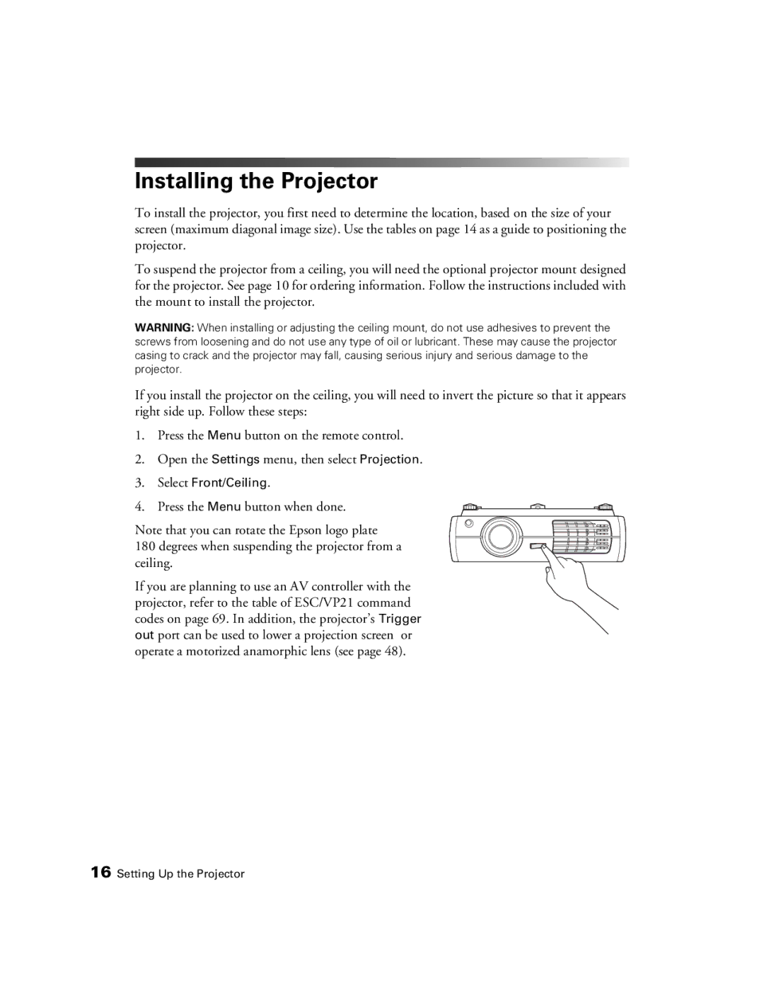 Epson 9350, 9700 manual Installing the Projector 