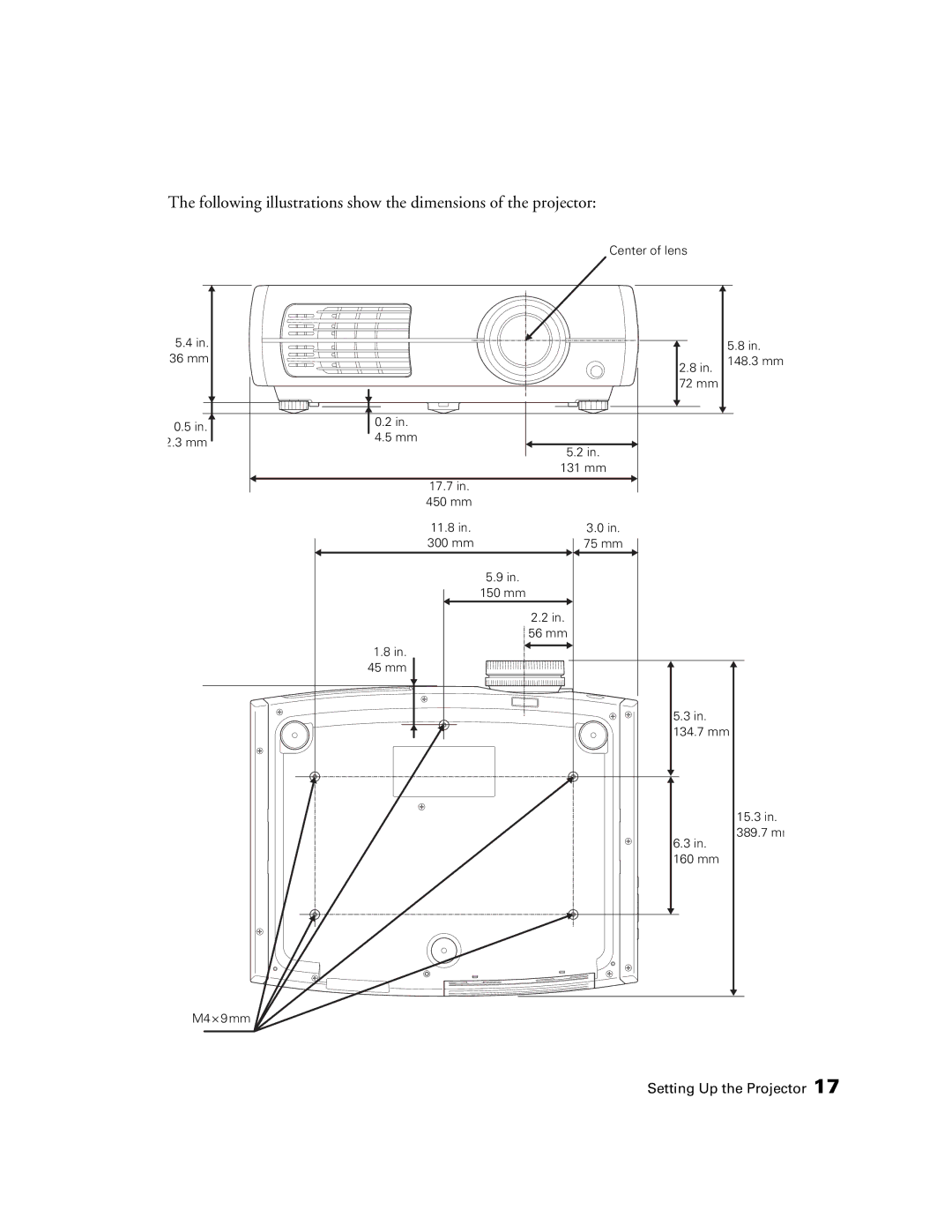 Epson 9700, 9350 manual Following illustrations show the dimensions of the projector 