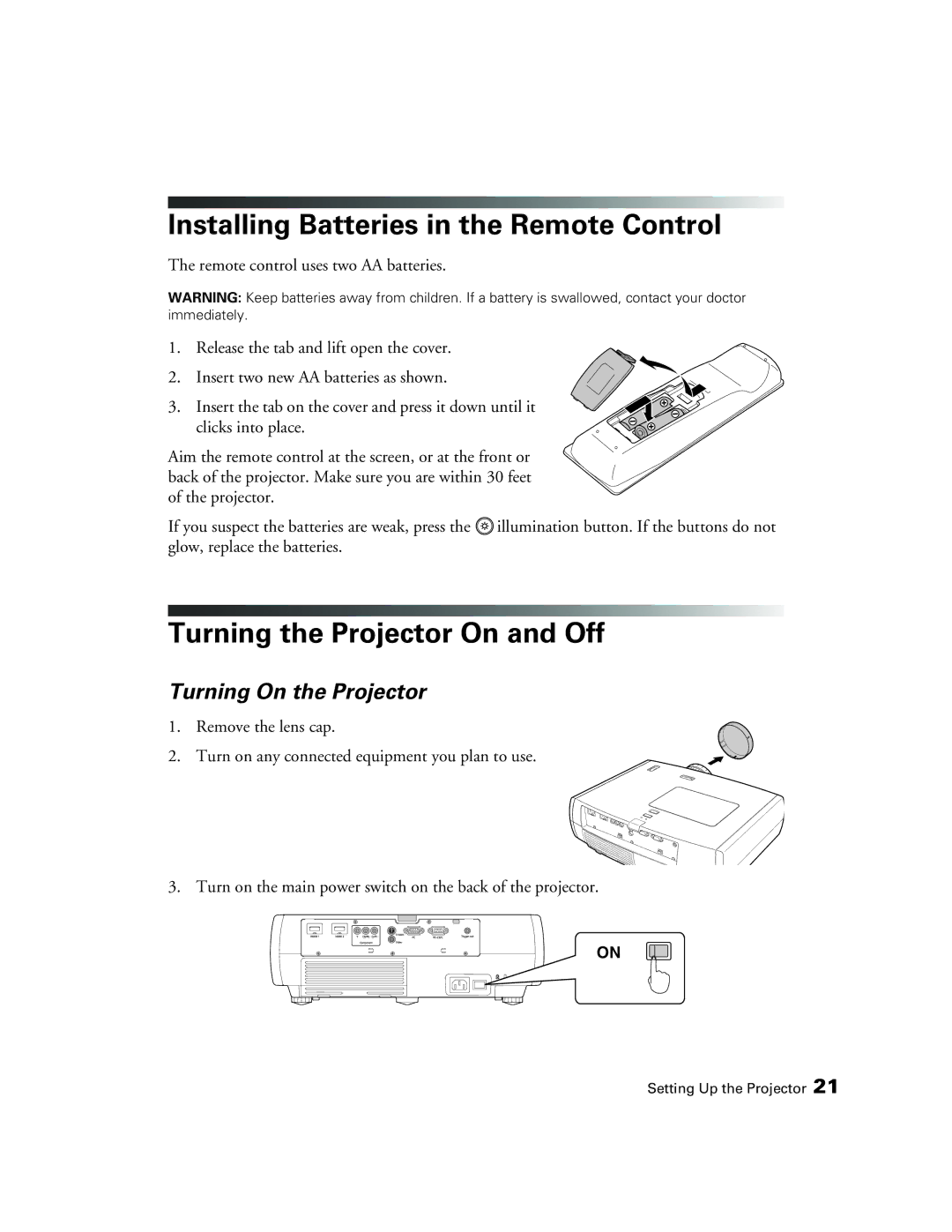 Epson 9700, 9350 Installing Batteries in the Remote Control, Turning the Projector On and Off, Turning On the Projector 