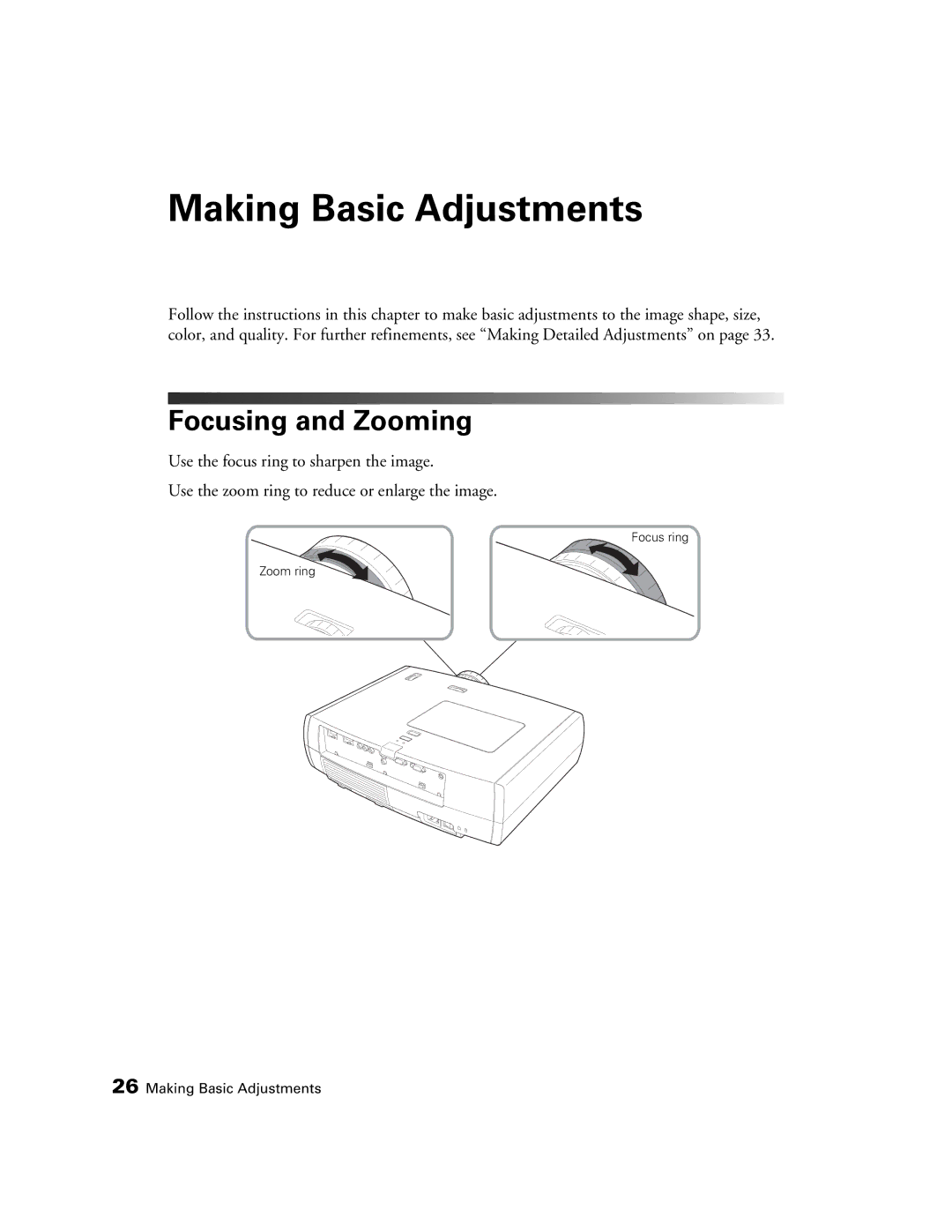 Epson 9350, 9700 manual Making Basic Adjustments, Focusing and Zooming 