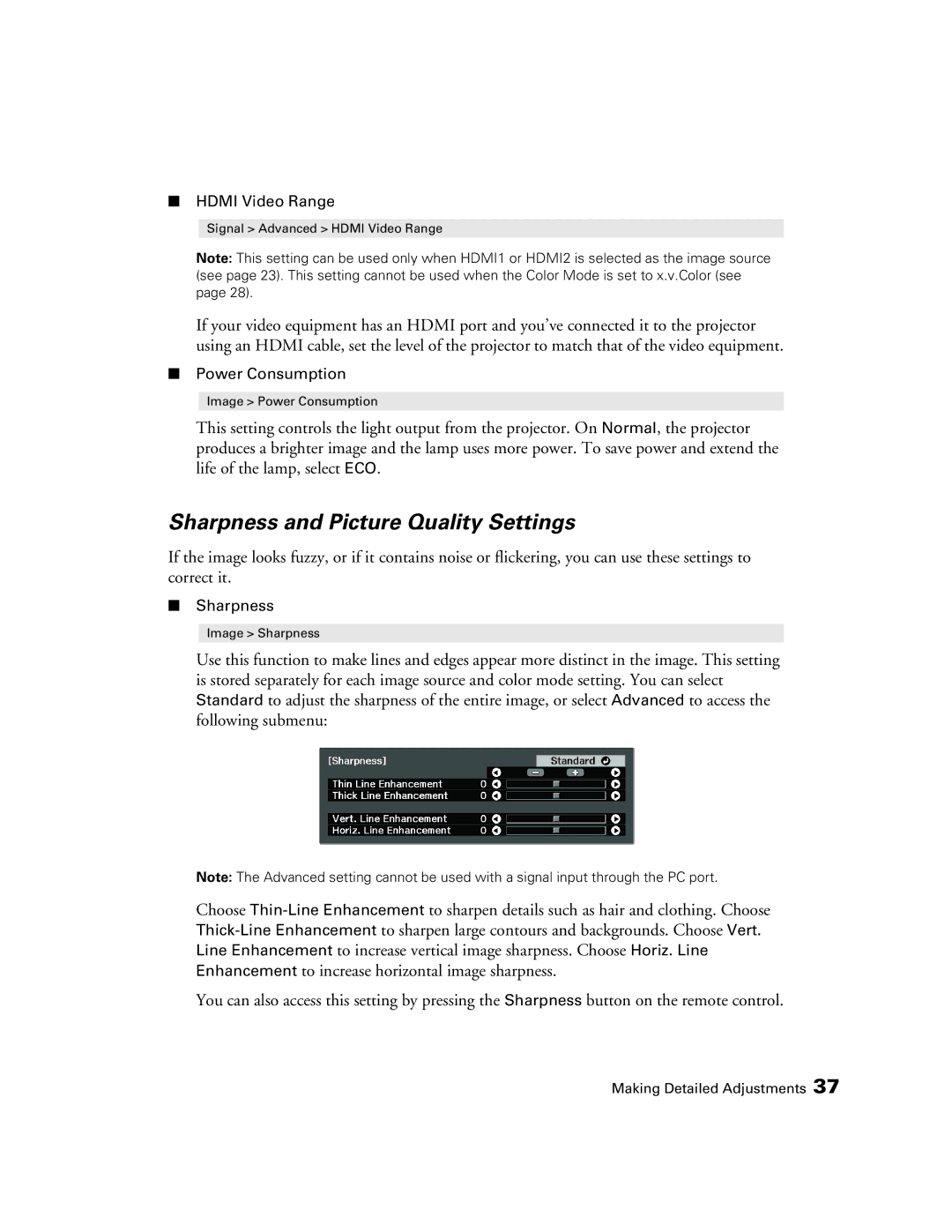 Epson 9700, 9350 manual Sharpness and Picture Quality Settings 