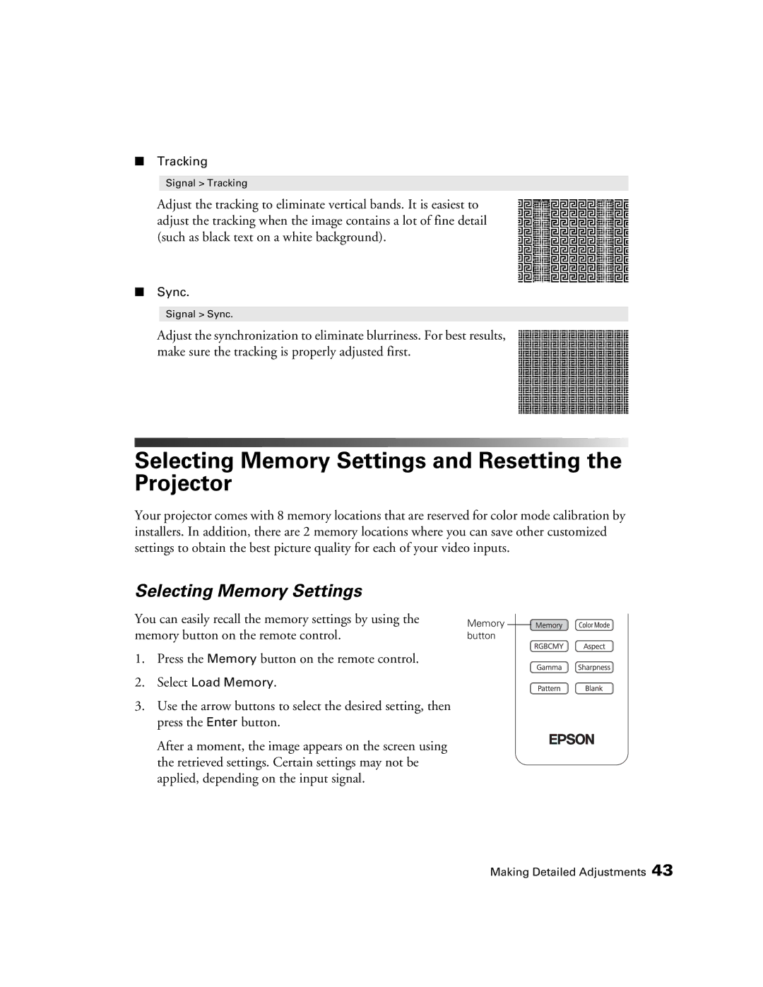 Epson 9700, 9350 manual Selecting Memory Settings and Resetting the Projector 