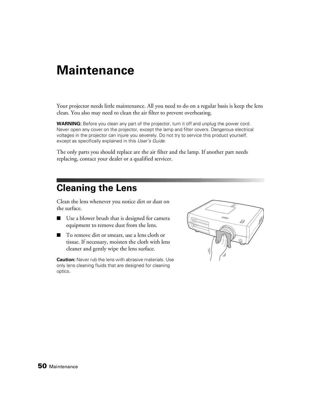 Epson 9350, 9700 manual Maintenance, Cleaning the Lens 