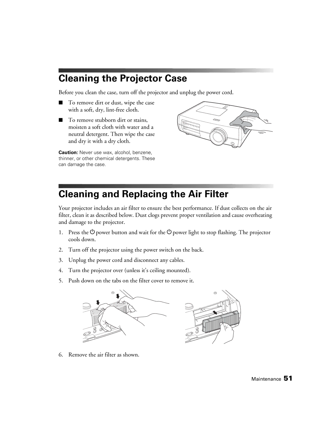 Epson 9700, 9350 manual Cleaning the Projector Case, Cleaning and Replacing the Air Filter 