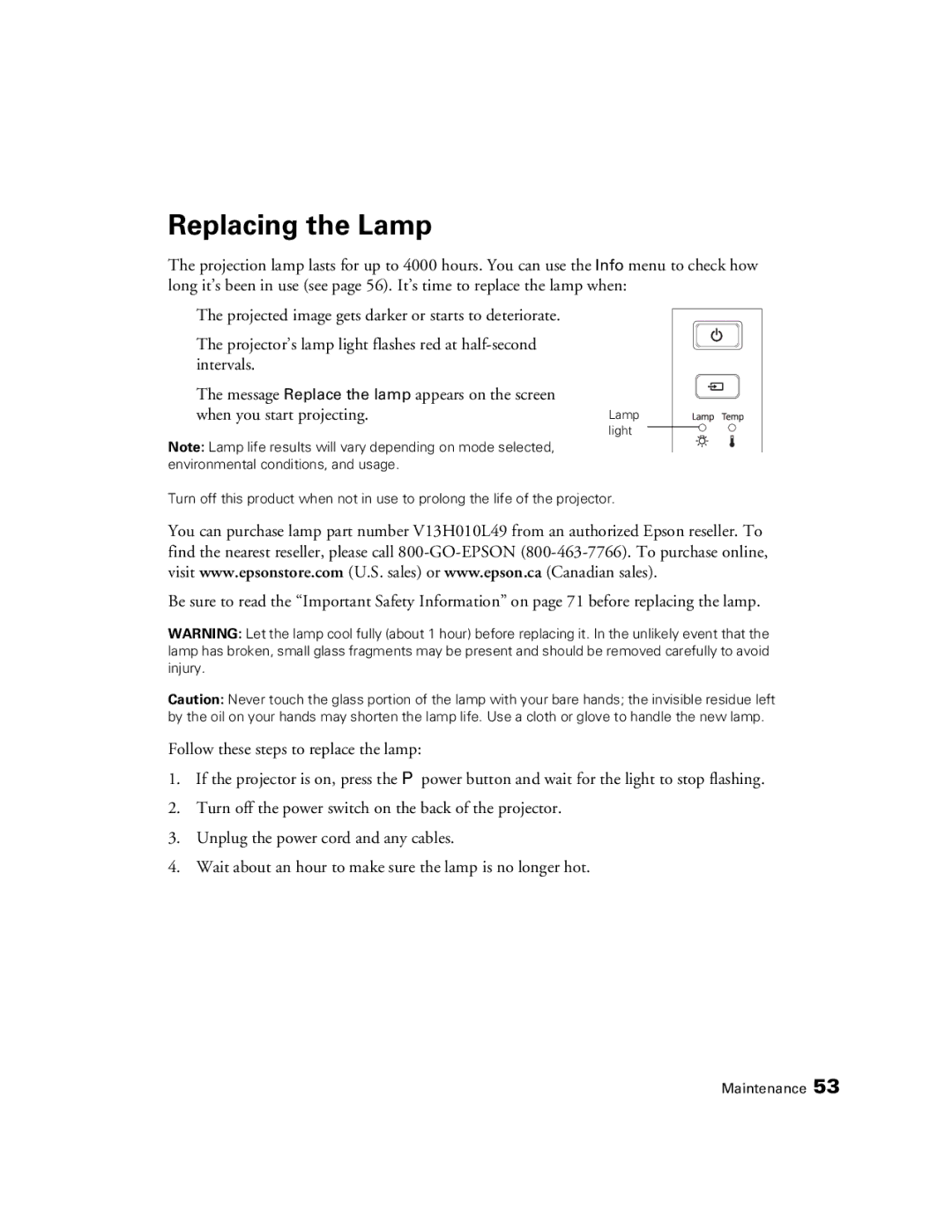 Epson 9700, 9350 manual Replacing the Lamp 