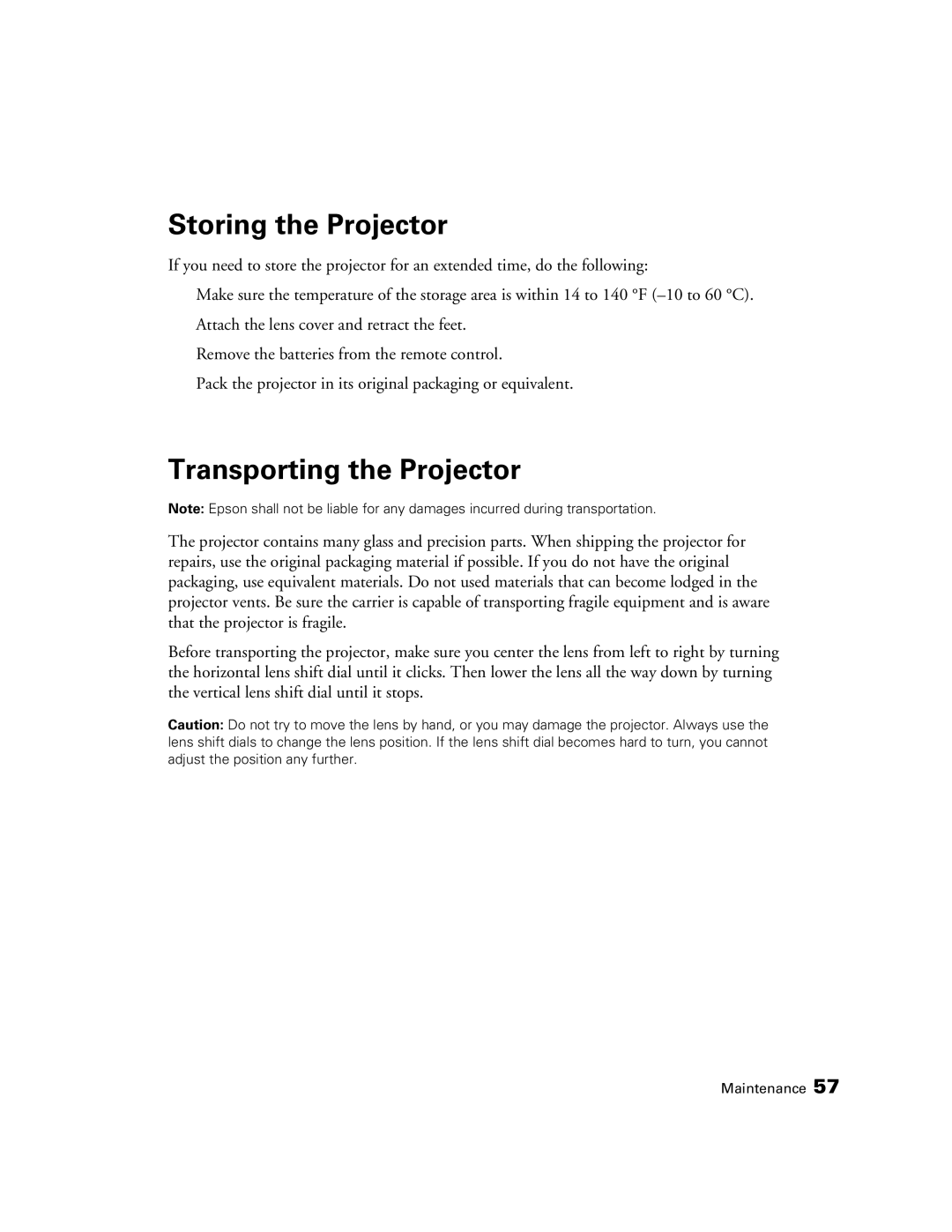 Epson 9700, 9350 manual Storing the Projector, Transporting the Projector 