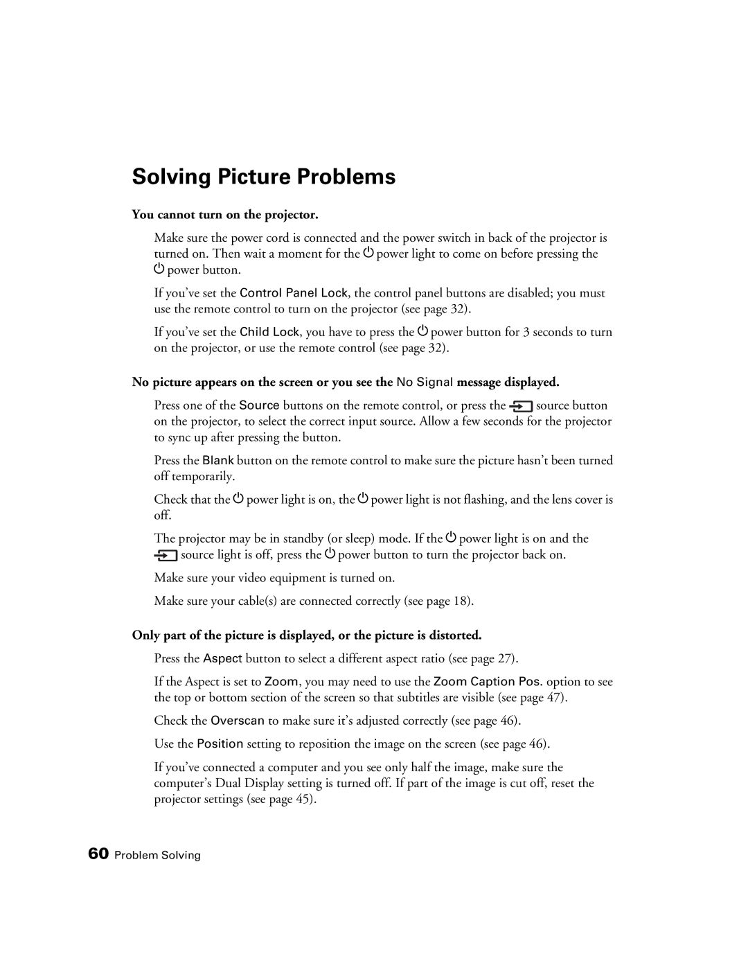 Epson 9350, 9700 manual Solving Picture Problems, You cannot turn on the projector 