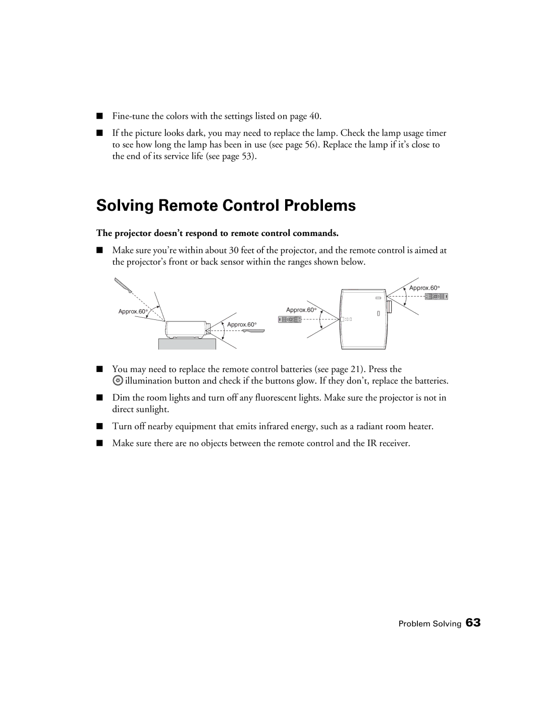 Epson 9700, 9350 manual Solving Remote Control Problems, Projector doesn’t respond to remote control commands 