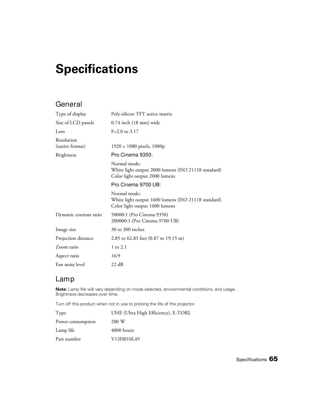 Epson 9700, 9350 manual Specifications, General, Lamp 