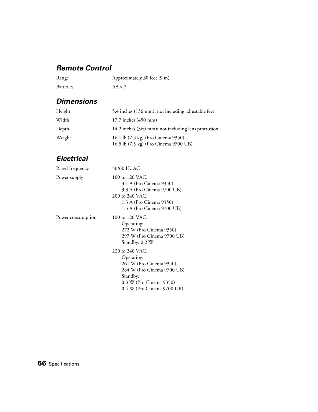 Epson 9350, 9700 manual Dimensions, Electrical 