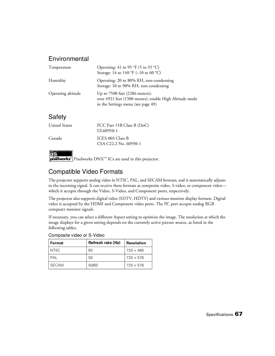 Epson 9700, 9350 manual Environmental, Safety, Compatible Video Formats 