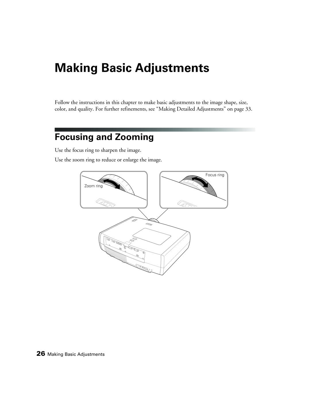 Epson 9350, 9700 manual Making Basic Adjustments, Focusing and Zooming 