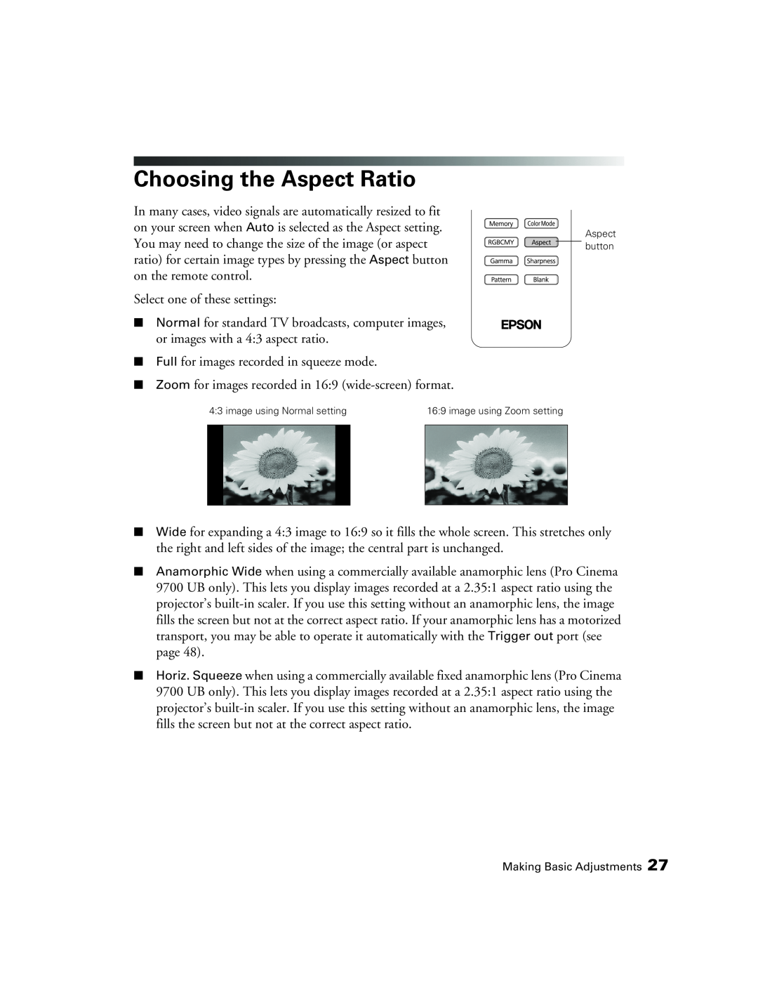 Epson 9700, 9350 manual Choosing the Aspect Ratio 