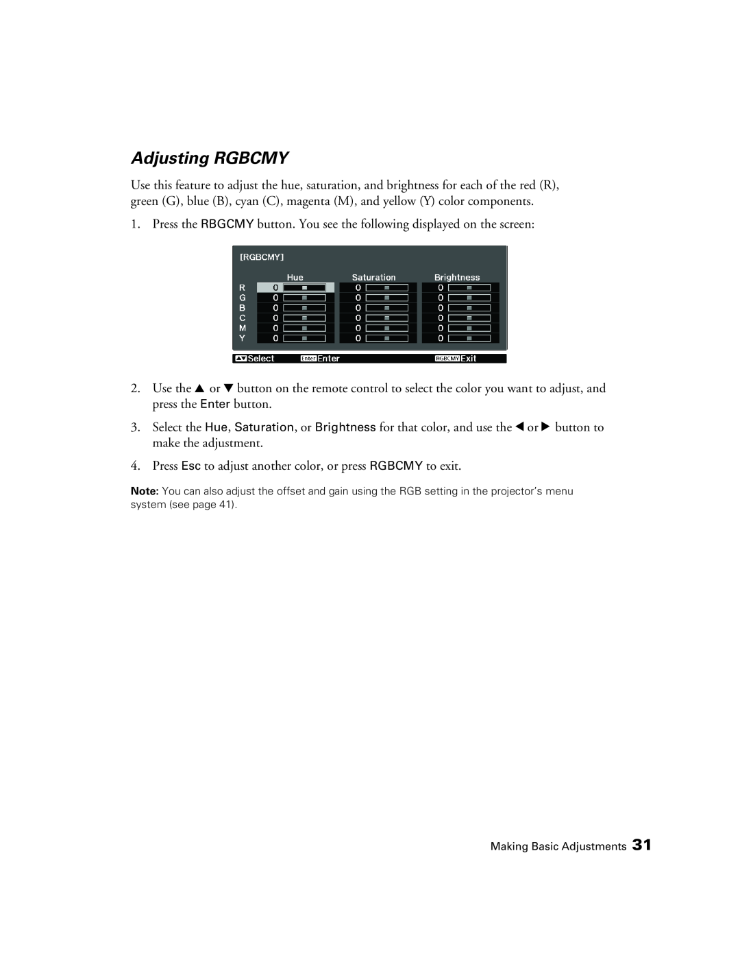 Epson 9700, 9350 manual Adjusting RGBCMY, Making Basic Adjustments 