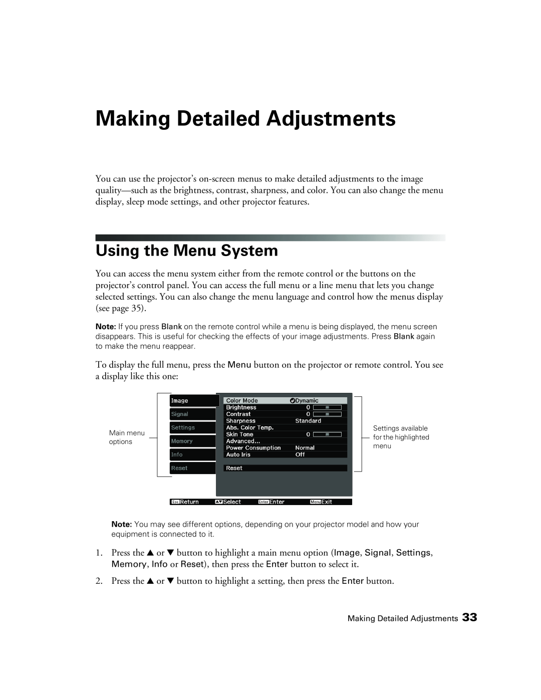 Epson 9700, 9350 manual Making Detailed Adjustments, Using the Menu System 