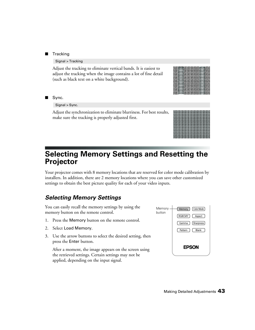 Epson 9700, 9350 manual Selecting Memory Settings 