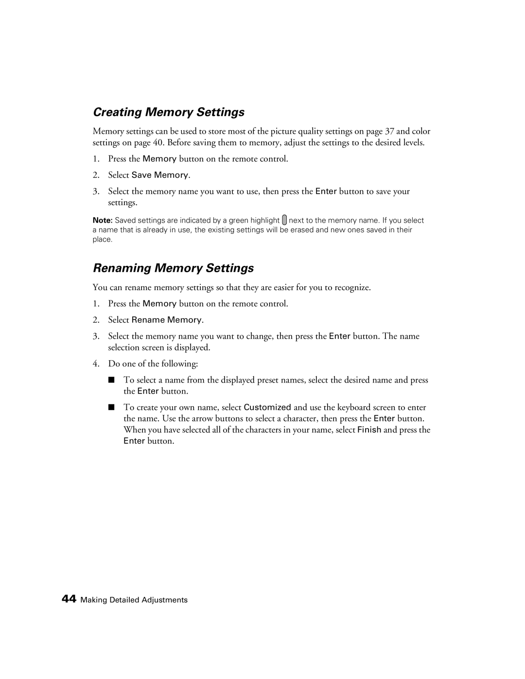 Epson 9350, 9700 manual Creating Memory Settings, Renaming Memory Settings 