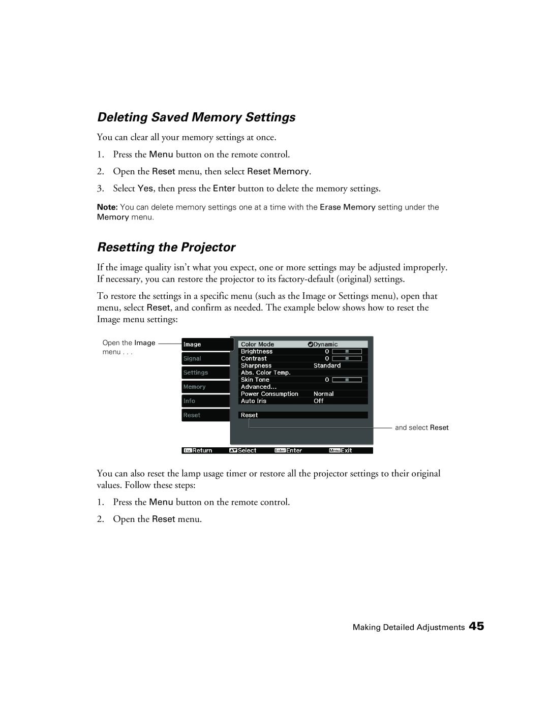 Epson 9700, 9350 manual Deleting Saved Memory Settings, Resetting the Projector 