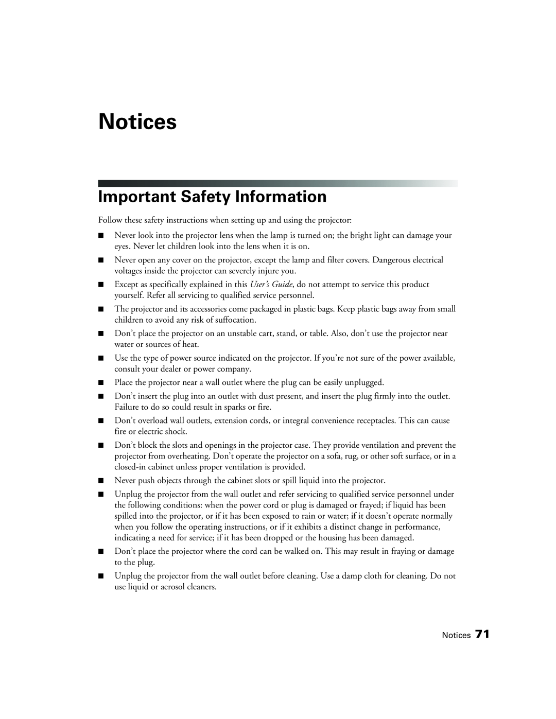 Epson 9700, 9350 manual Notices, Important Safety Information 