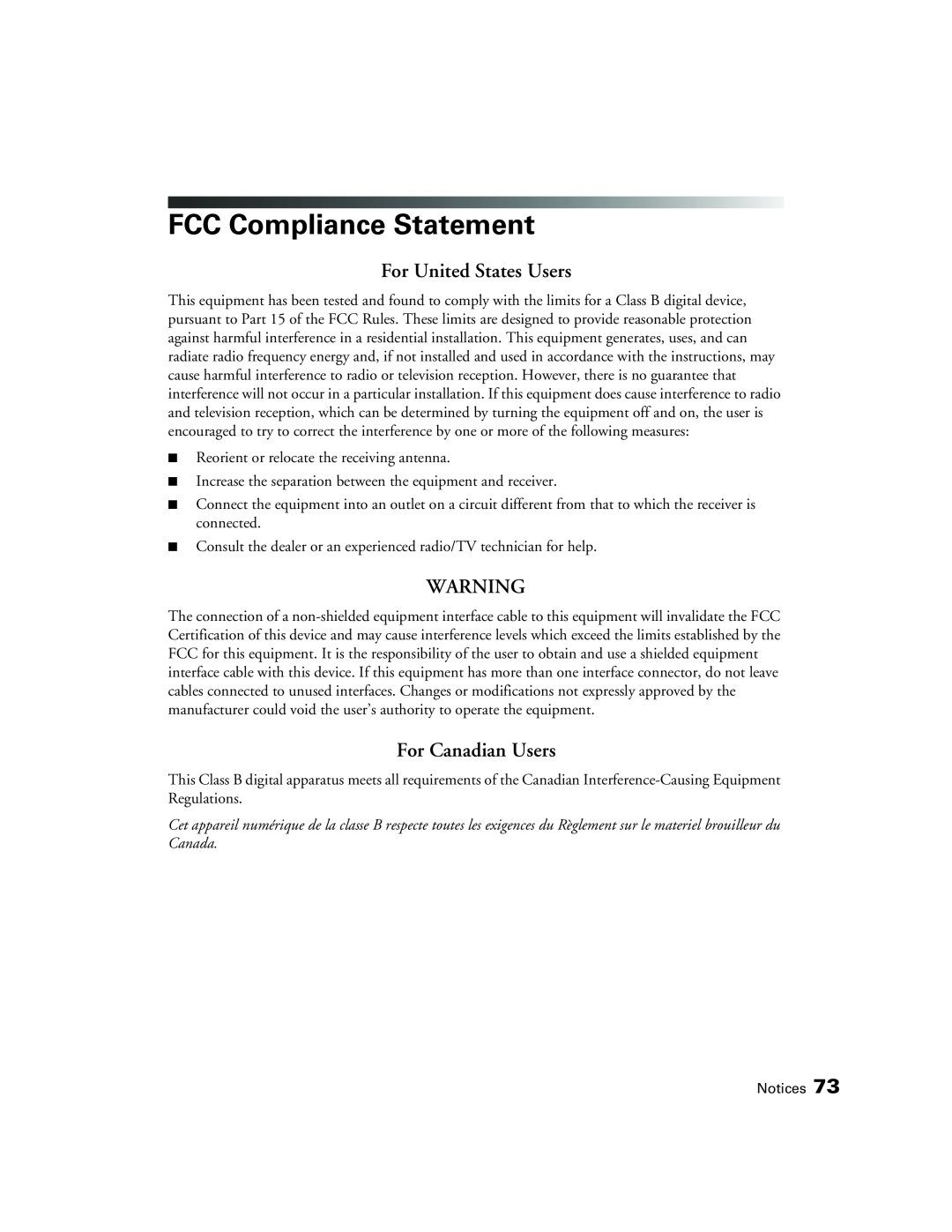 Epson 9700, 9350 manual FCC Compliance Statement, For United States Users, For Canadian Users 