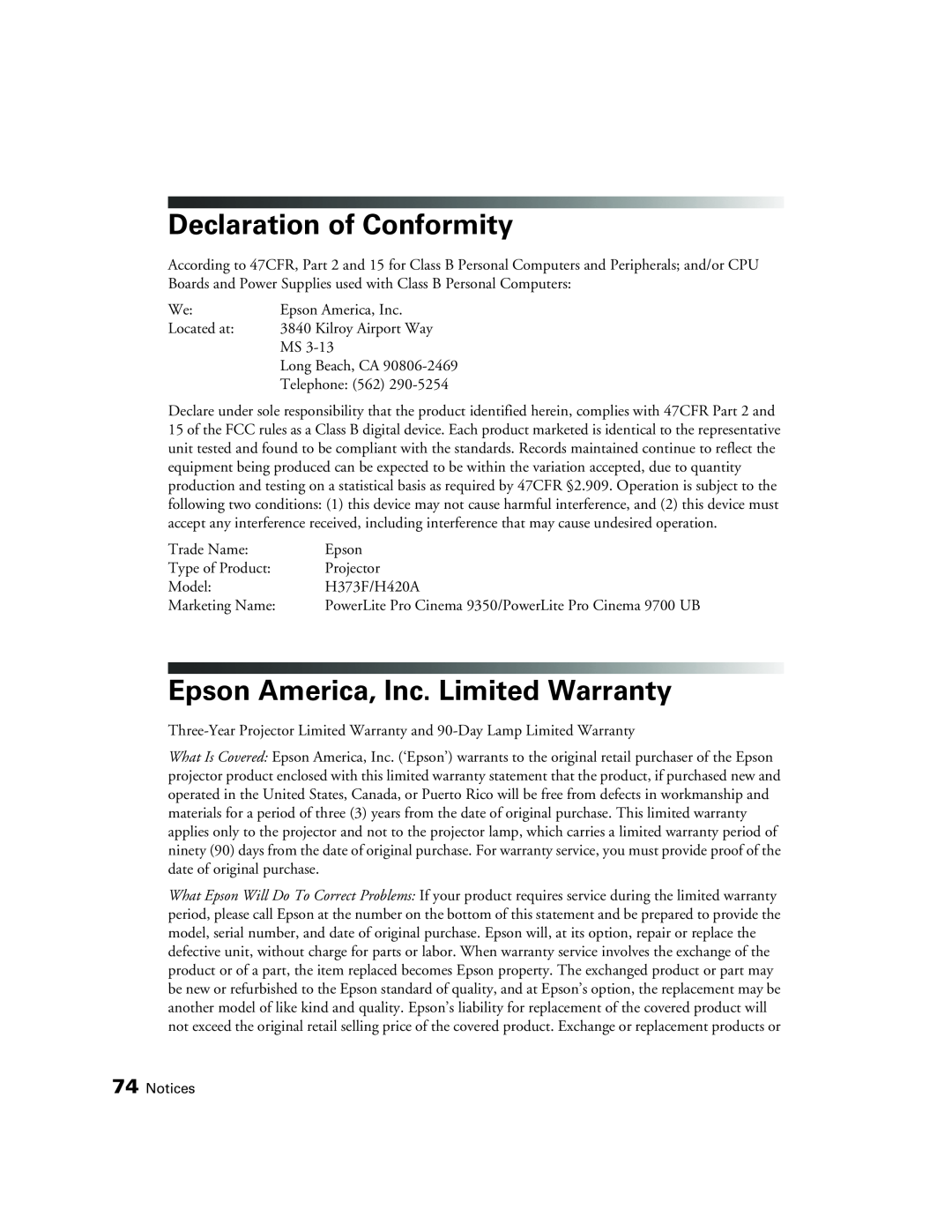 Epson 9350, 9700 manual Declaration of Conformity, Epson America, Inc. Limited Warranty 