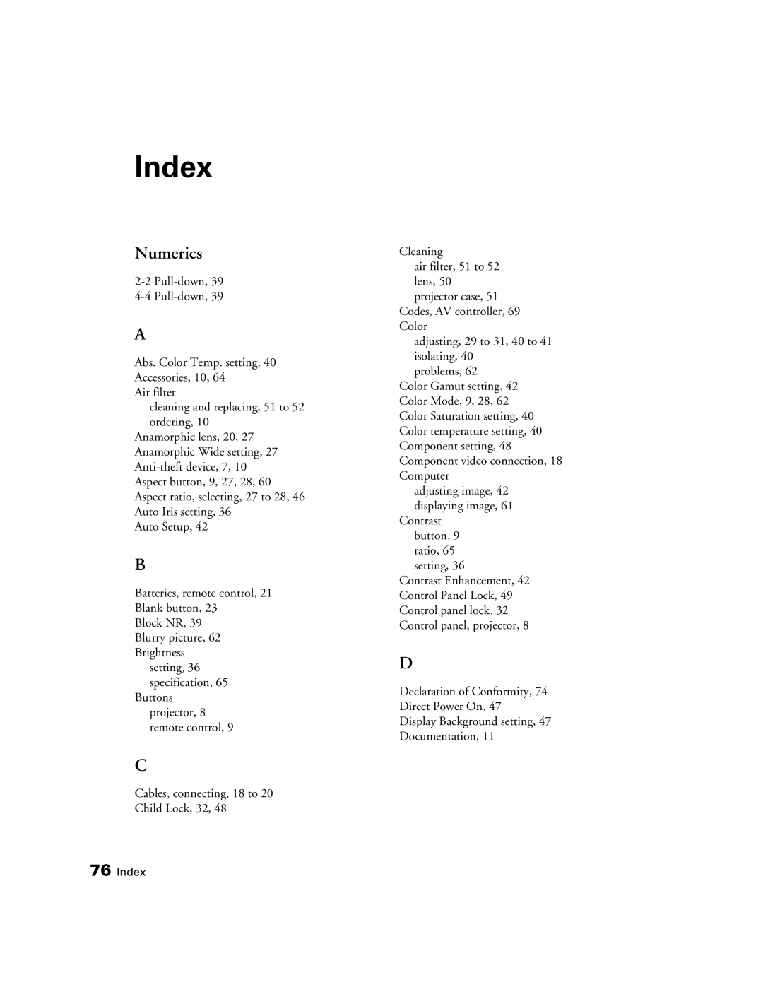 Epson 9350, 9700 manual Index, Numerics 