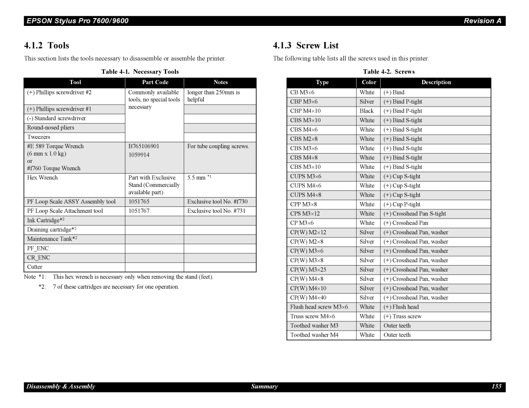 Epson 7600, 9600 Screw List, Necessary Tools, Following table lists all the screws used in this printer, Screws 