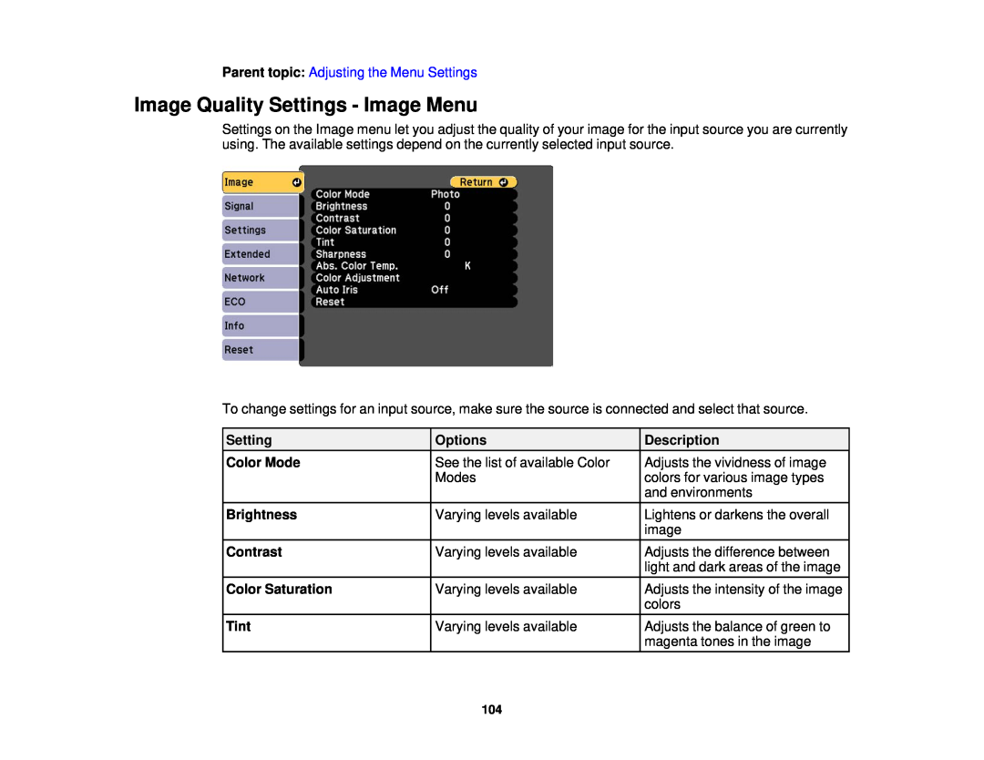 Epson 97, 965, 955W, 98, 99W manual Image Quality Settings - Image Menu, Parent topic Adjusting the Menu Settings 